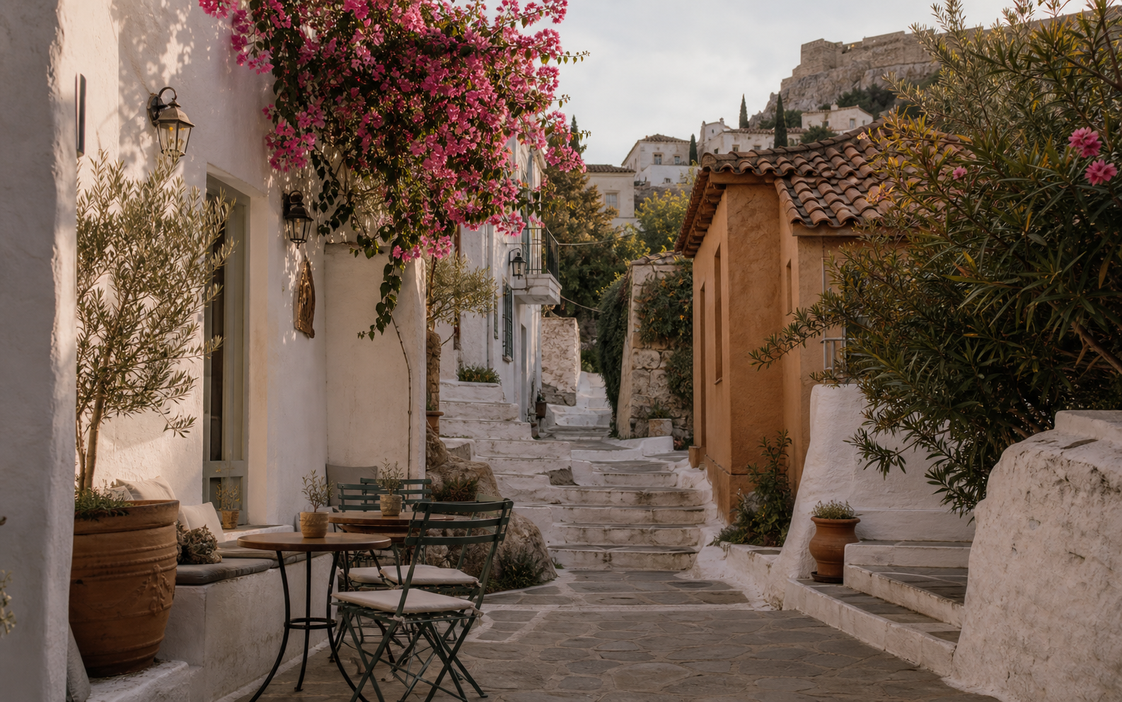 Quiet Plaka lane with flowers and stone steps